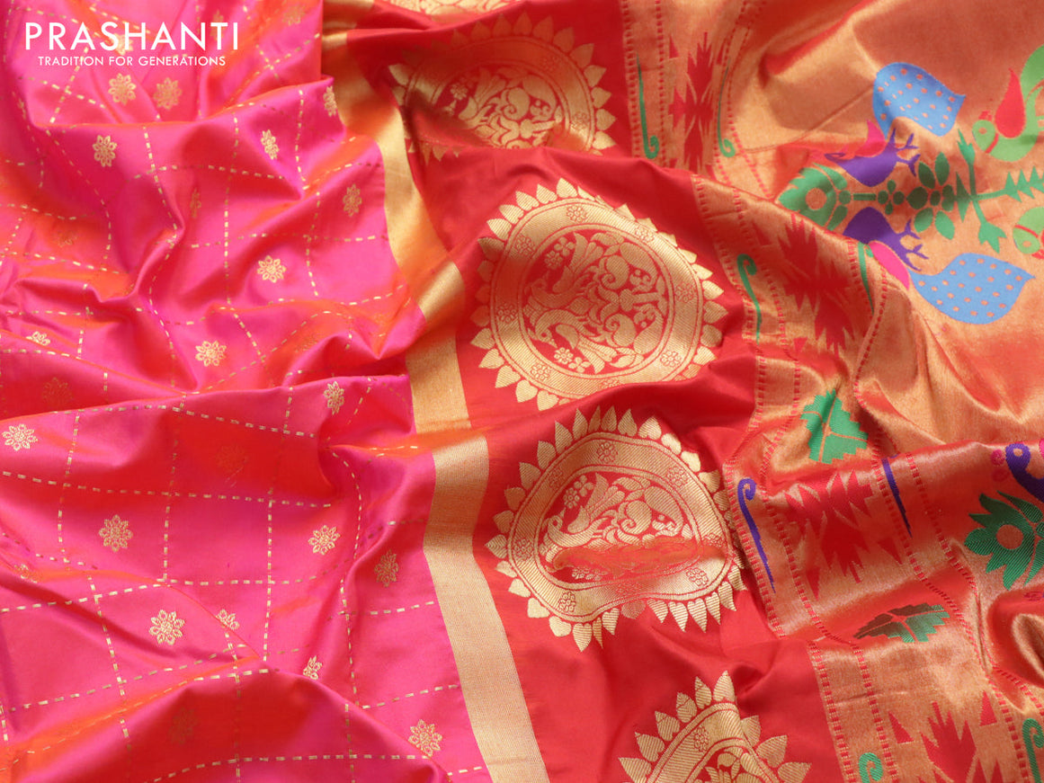 Pure paithani silk saree dual shade of pinkish orange with allover zari checks & buttas and zari woven muniya butta border