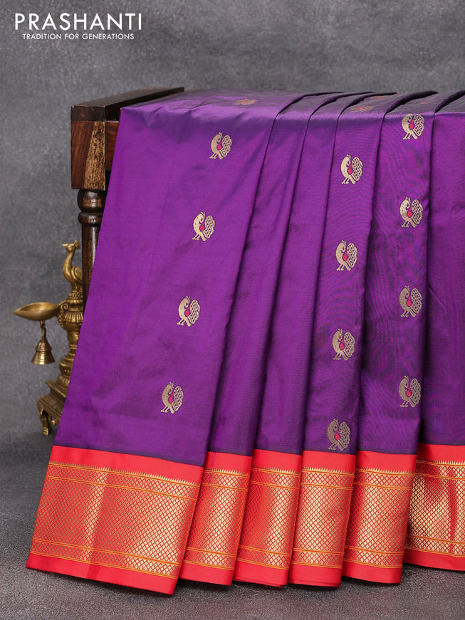 Pure paithani silk saree deep violet and red with annam zari woven buttas and zari woven border