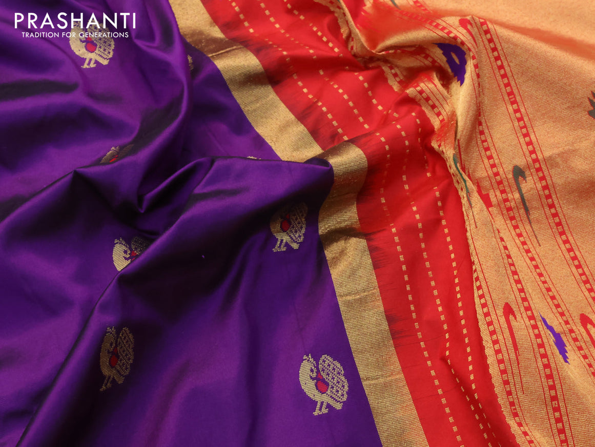 Pure paithani silk saree deep violet and red with annam zari woven buttas and zari woven border