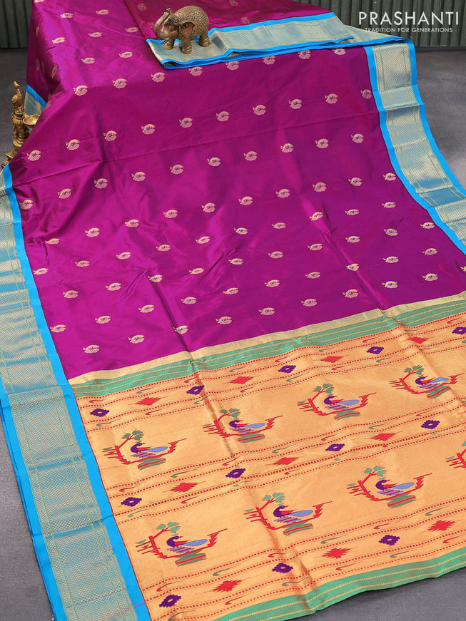 Pure paithani silk saree purple and cs blue with annam zari woven buttas and zari woven border