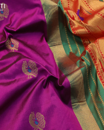Pure paithani silk saree purple and cs blue with annam zari woven buttas and zari woven border