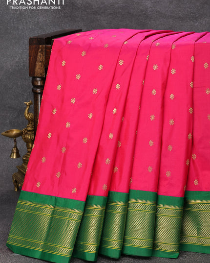 Pure paithani silk saree pink and green with allover floral zari woven buttas and zari woven border