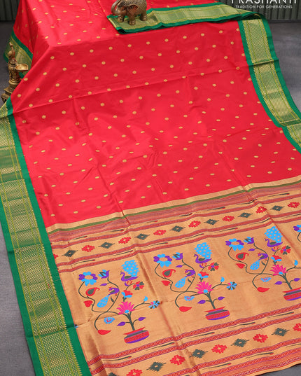 Pure paithani silk saree red and green with allover floral zari woven buttas and zari woven border