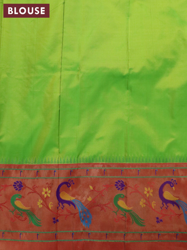 Pure paithani silk saree light green and red with allover floral zari woven buttas and zari woven peacock design paithani border