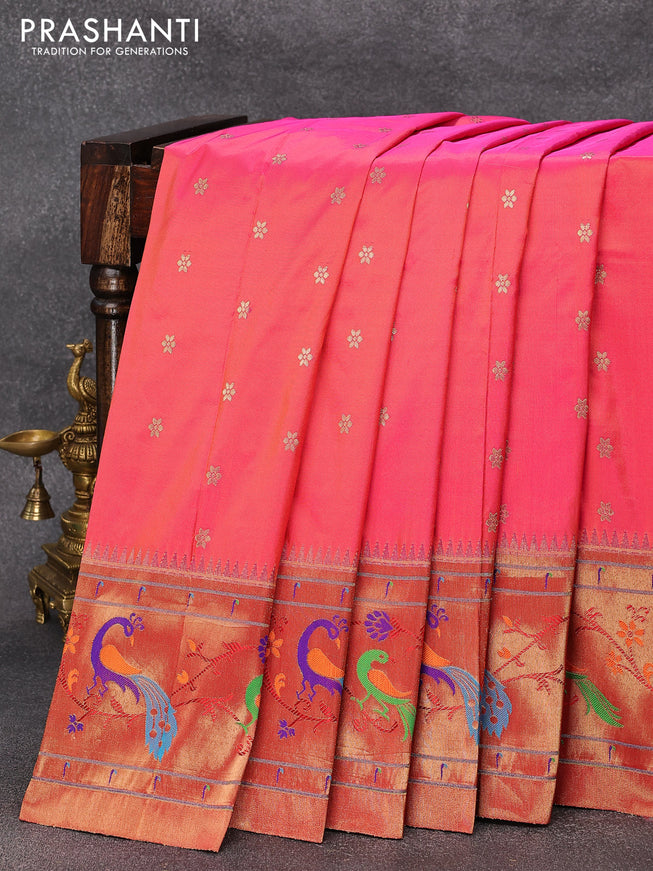 Pure paithani silk saree dual shade of pinkish orange and red with allover floral zari woven buttas and zari woven peacock design paithani border
