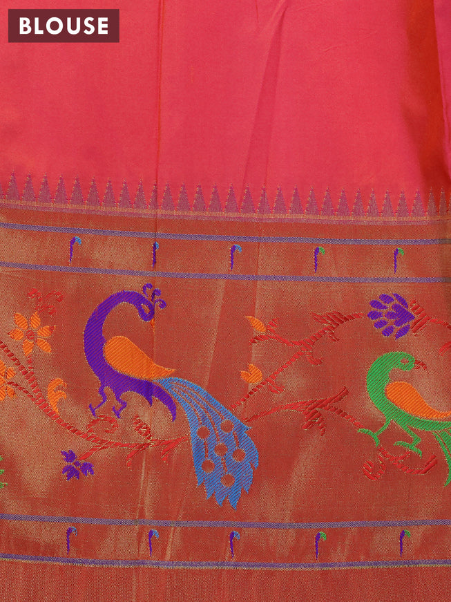 Pure paithani silk saree dual shade of pinkish orange and red with allover floral zari woven buttas and zari woven peacock design paithani border