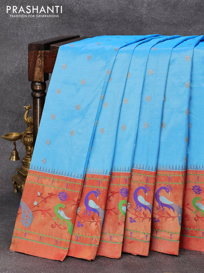 Pure paithani silk saree light blue and red with allover floral zari woven buttas and zari woven border