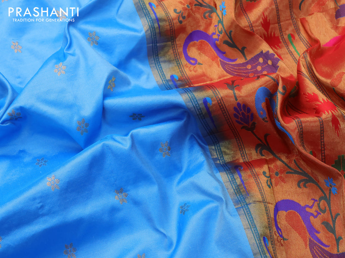 Pure paithani silk saree light blue and red with allover floral zari woven buttas and zari woven border