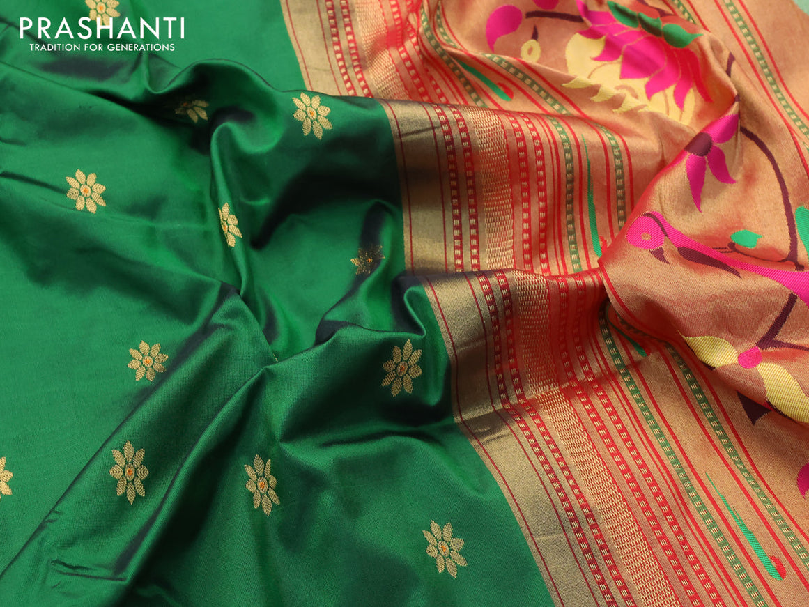 Pure paithani silk saree green and orange with allover floral zari woven buttas and zari woven border