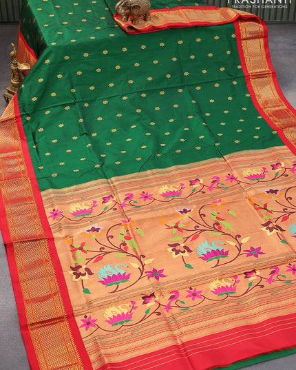 Pure paithani silk saree green and red with allover floral zari woven buttas and zari woven border