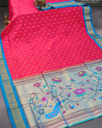 Pure paithani silk saree pink and cs blue with allover floral zari woven buttas and zari woven border