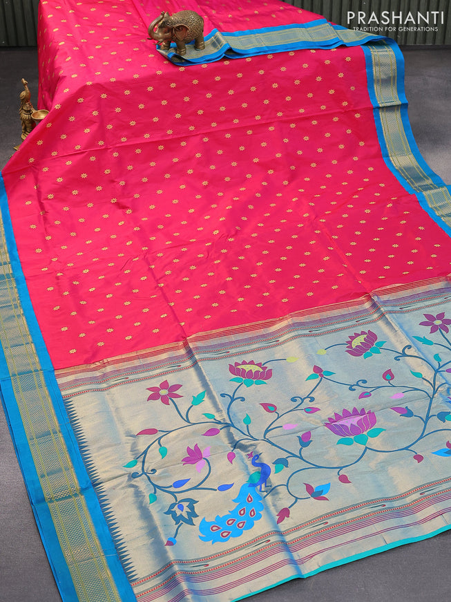 Pure paithani silk saree pink and cs blue with allover floral zari woven buttas and zari woven border