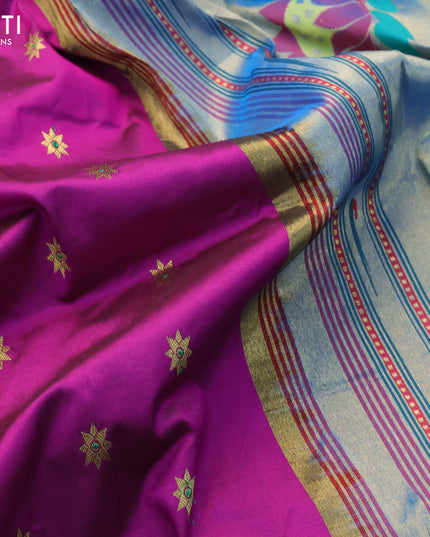 Pure paithani silk saree purple and cs blue with allover floral zari woven buttas and zari woven border