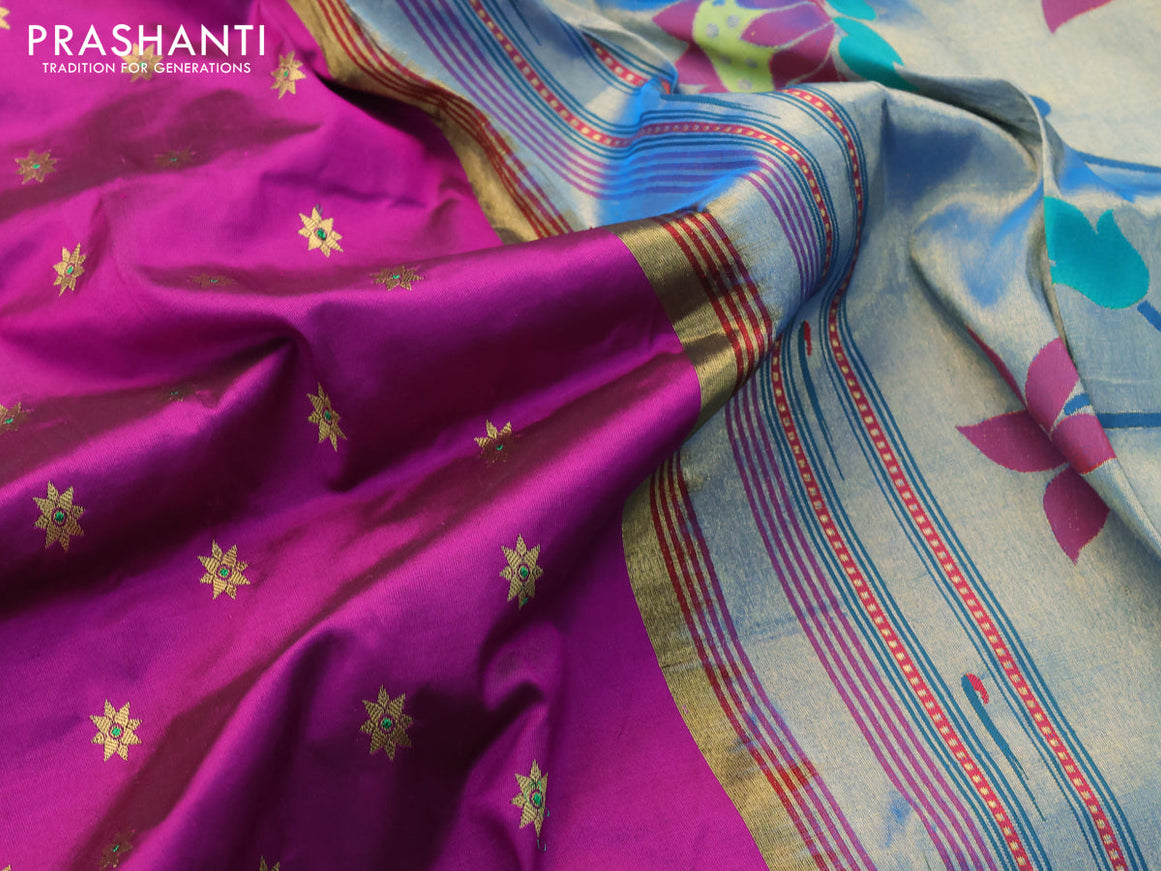 Pure paithani silk saree purple and cs blue with allover floral zari woven buttas and zari woven border