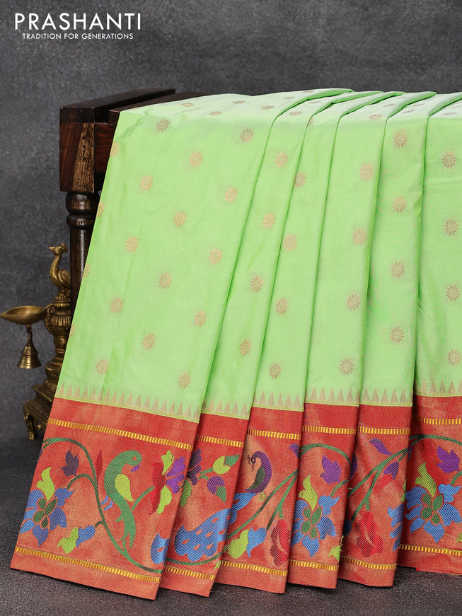 Pure paithani silk saree light green and red with allover zari woven floral buttas and peacock design zari woven paithani border