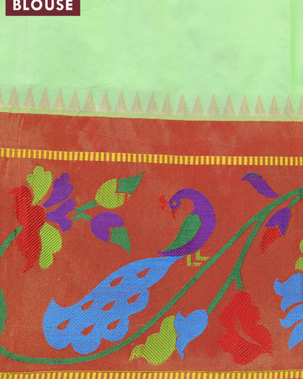 Pure paithani silk saree light green and red with allover zari woven floral buttas and peacock design zari woven paithani border