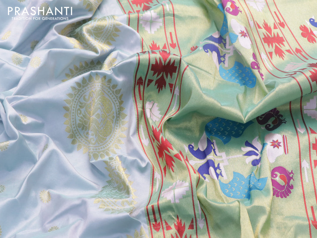 Pure paithani silk saree dual shade of pastel blue with allover zari woven floral buttas and zari woven border