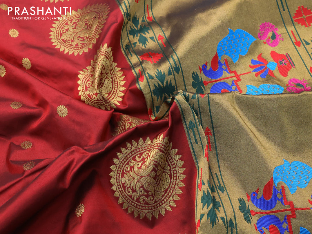 Pure paithani silk saree maroon with allover zari woven floral buttas and zari woven border