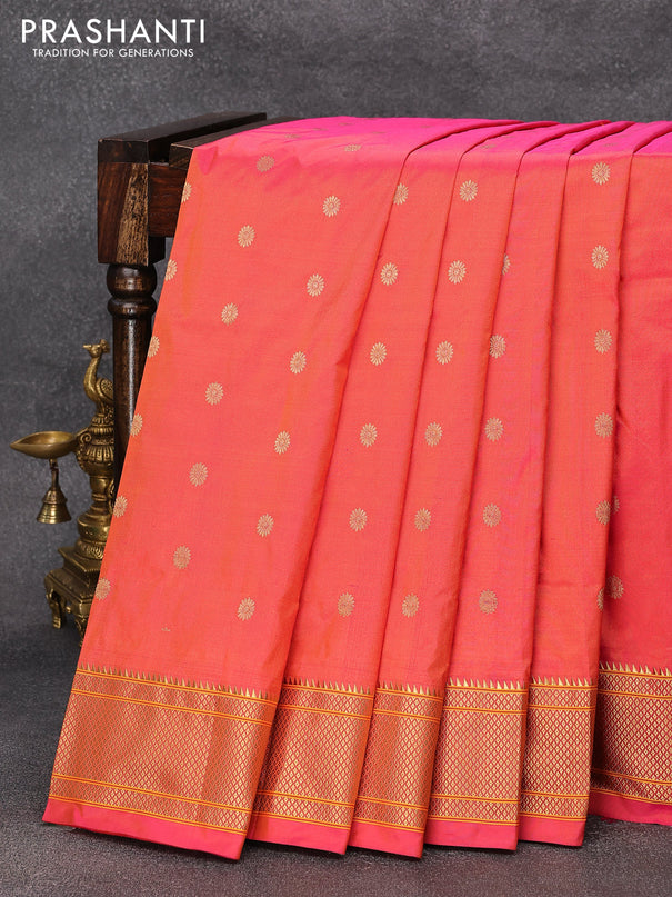 Pure paithani silk saree dual shade of pinkish orange with zari woven buttas and zari woven border