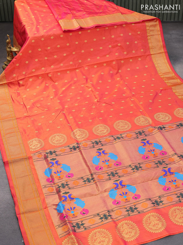 Pure paithani silk saree dual shade of pinkish orange with zari woven buttas and zari woven border