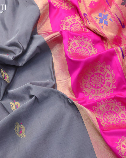 Pure paithani silk saree grey and pink with annam zari woven buttas and zari woven border