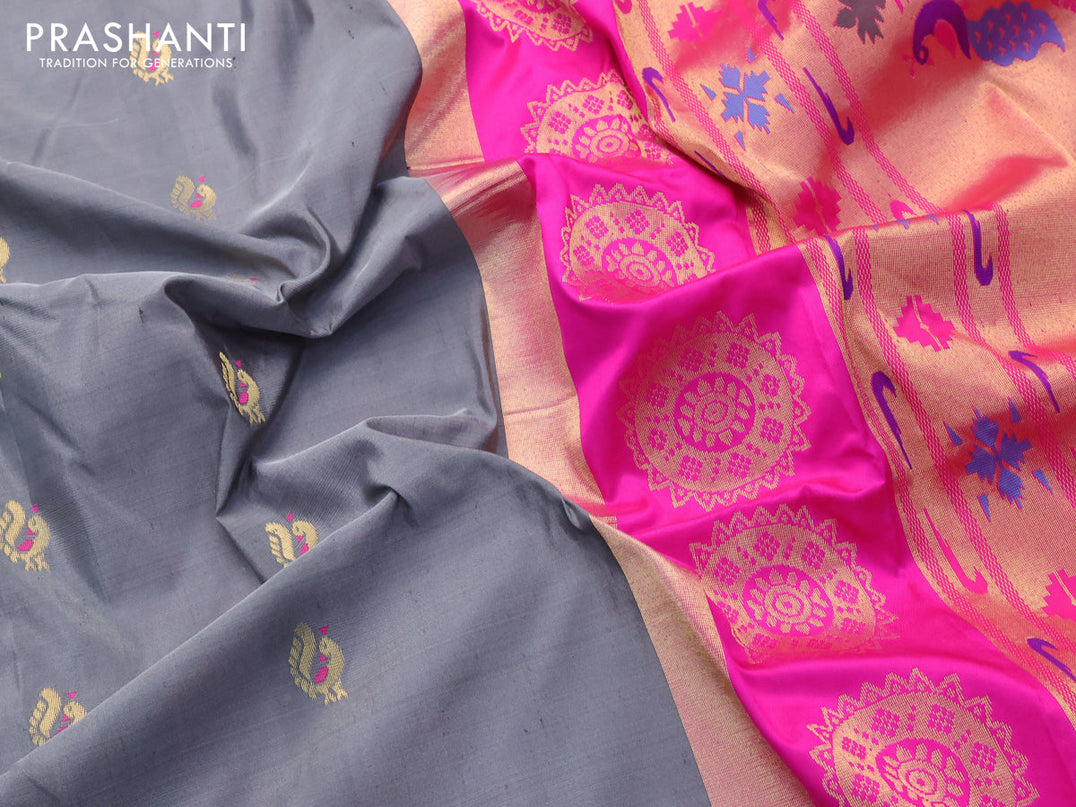 Pure paithani silk saree grey and pink with annam zari woven buttas and zari woven border