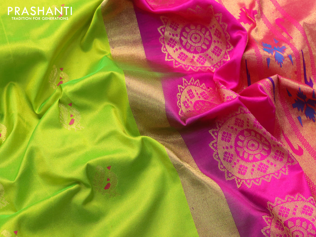 Pure paithani silk saree fluorescent green and pink with annam zari woven buttas and zari woven border