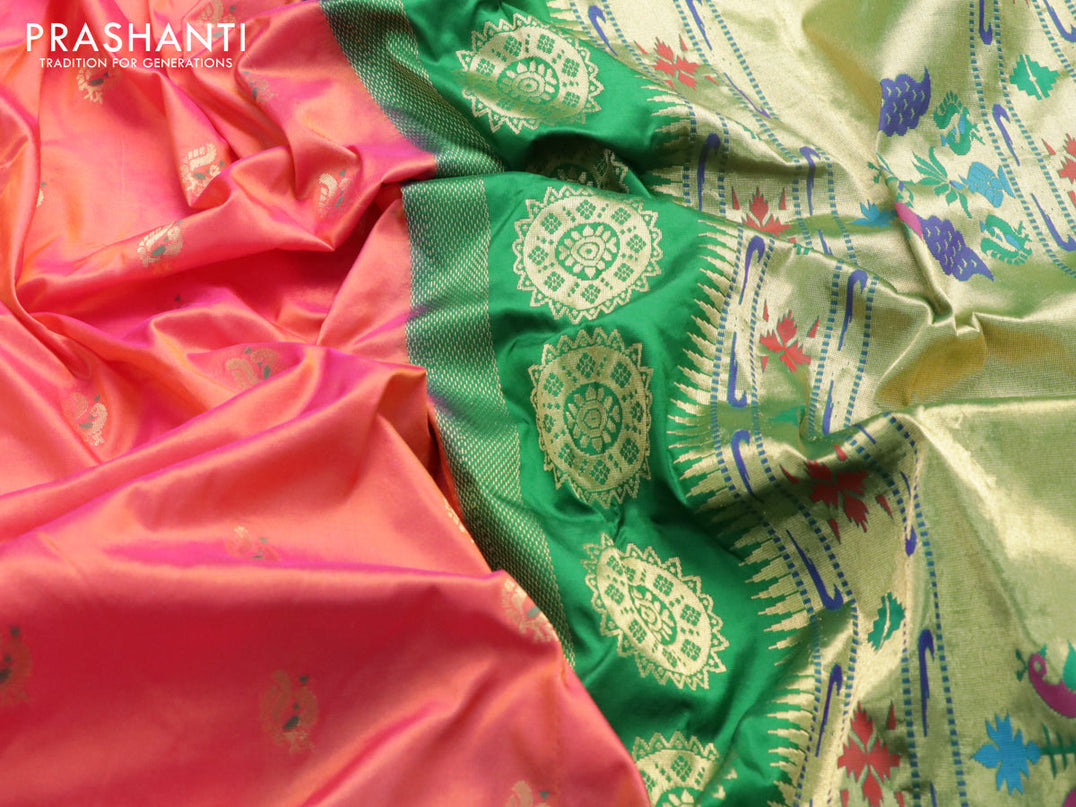 Pure paithani silk saree dual shade of pinkish orange and green with annam zari woven buttas and zari woven border
