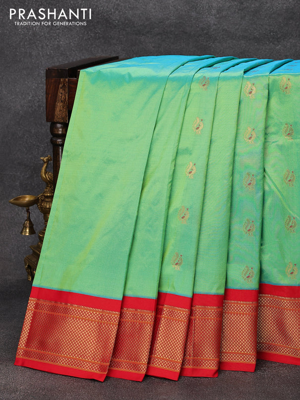 Pure paithani silk saree dual shade of light green and red with annam zari woven buttas and zari woven border