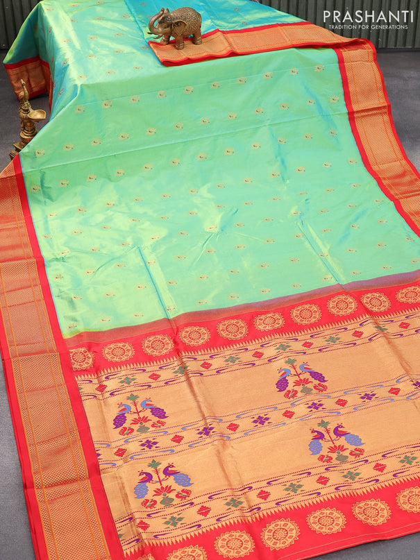 Pure paithani silk saree dual shade of light green and red with annam zari woven buttas and zari woven border