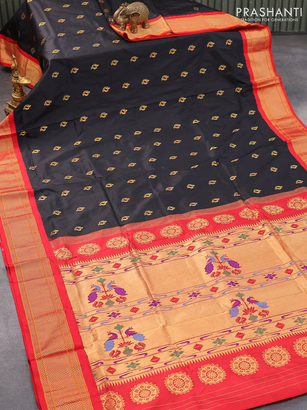Pure paithani silk saree black and red with annam zari woven buttas and zari woven border