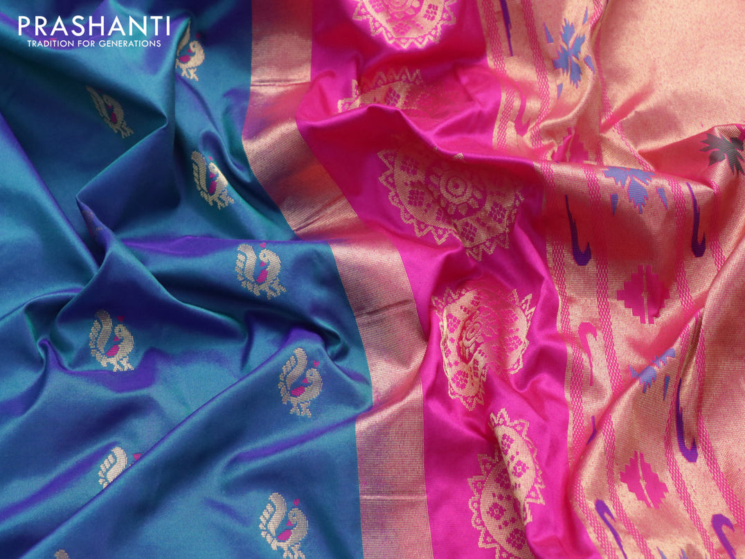 Pure paithani silk saree dual shade of cs blue and pink with annam zari woven buttas and zari woven border