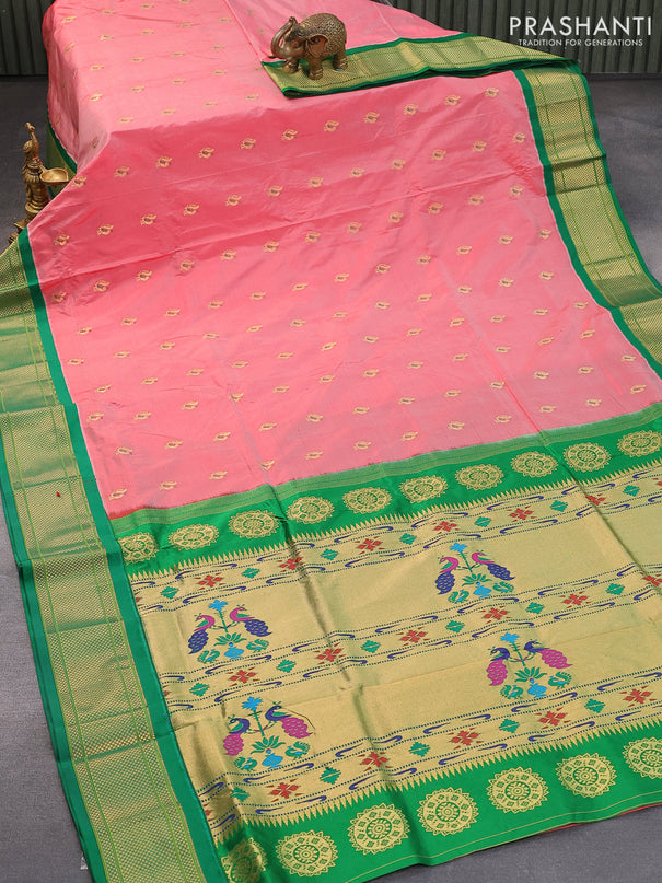 Pure paithani silk saree red shade and green with annam zari woven buttas and zari woven border