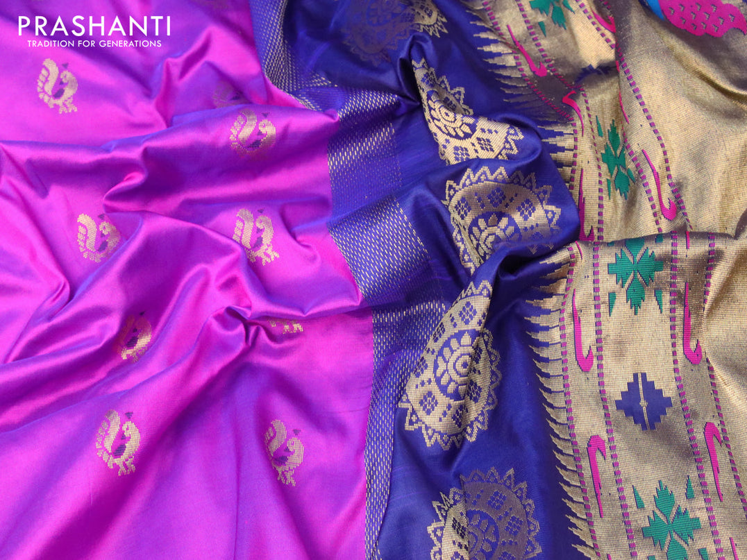 Pure paithani silk saree purple and blue with annam zari woven buttas and zari woven border