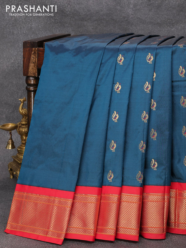Pure paithani silk saree peacock blue and red with annam zari woven buttas and zari woven border