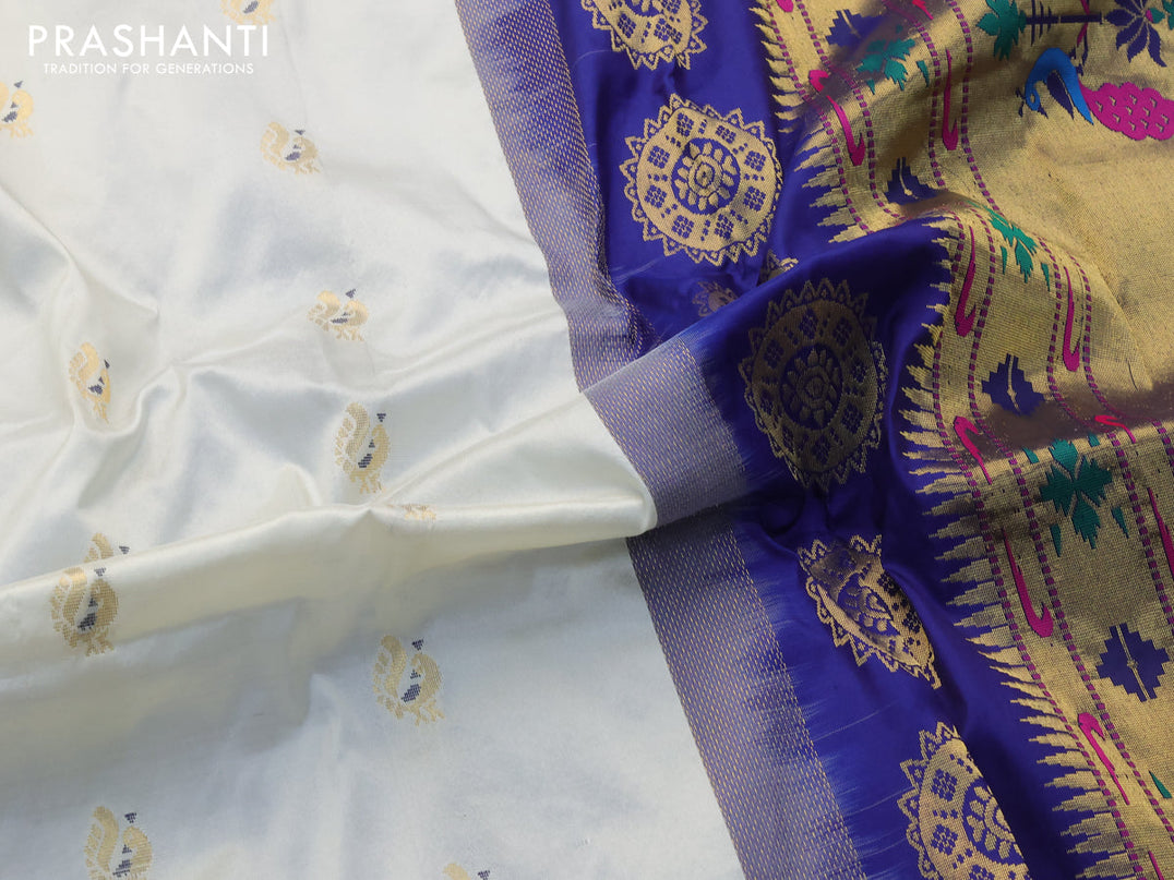 Pure paithani silk saree cream and blue with annam zari woven buttas and zari woven border
