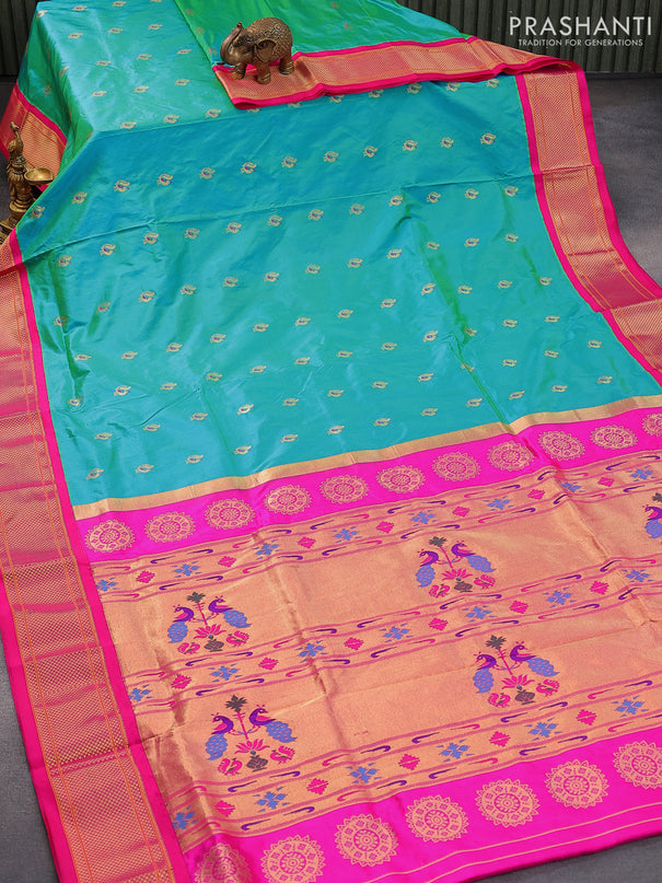 Pure paithani silk saree dual shade of teal blue and pink with annam zari woven buttas and zari woven border