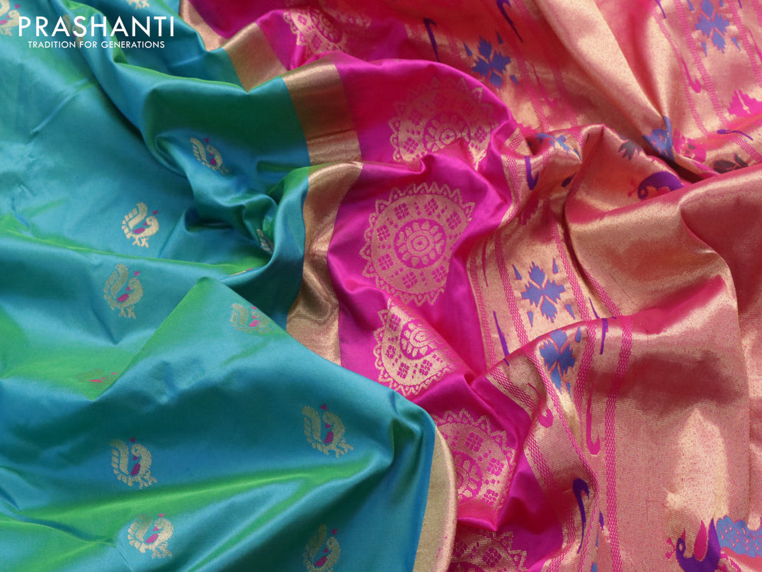 Pure paithani silk saree dual shade of teal blue and pink with annam zari woven buttas and zari woven border