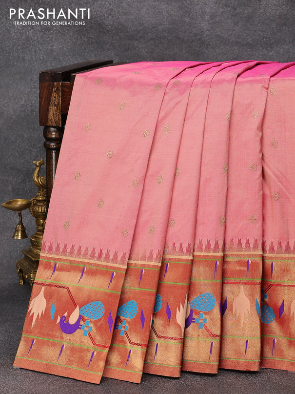 Pure paithani silk saree dual shade of pink and red with allover zari woven buttas and zari woven peacock design paithani border