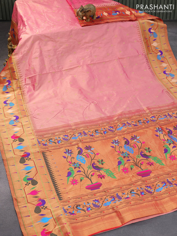 Pure paithani silk saree dual shade of pink and red with allover zari woven buttas and zari woven peacock design paithani border