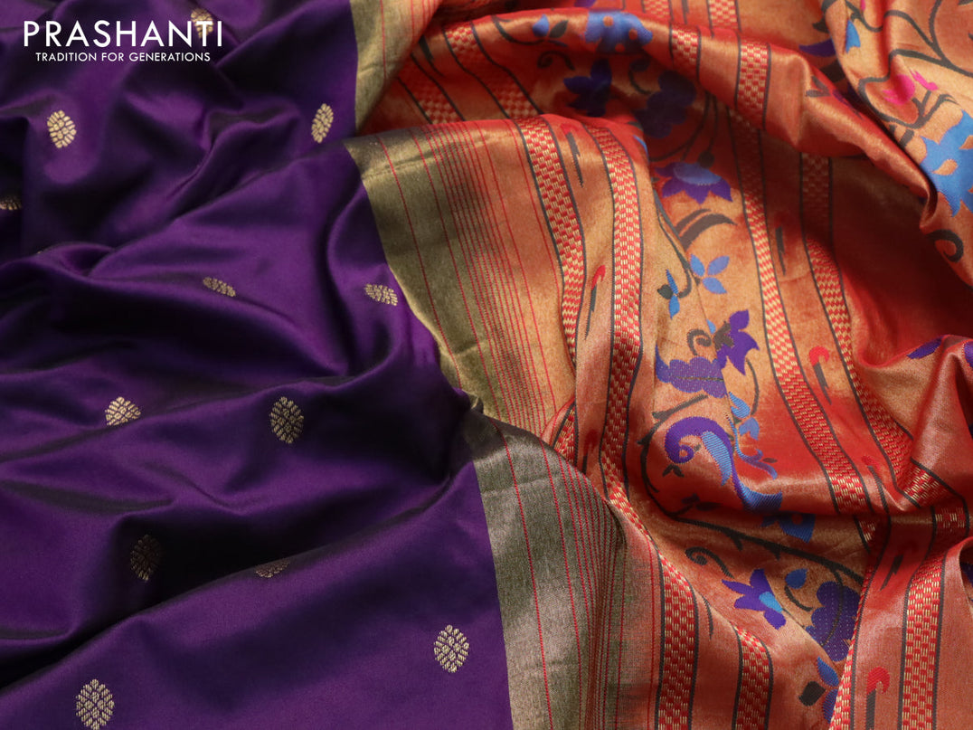 Pure paithani silk saree deep violet and red with allover zari woven buttas and zari woven peacock design paithani border