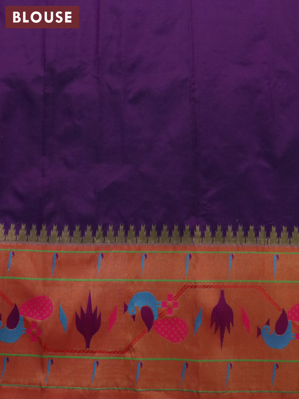 Pure paithani silk saree deep violet and red with allover zari woven buttas and zari woven peacock design paithani border