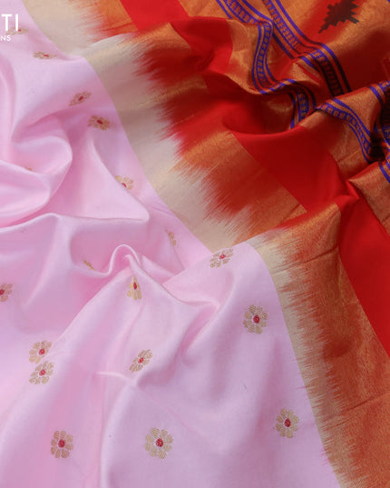 Pure paithani silk saree light pink and red with allover zari woven buttas and zari woven muniya butta border