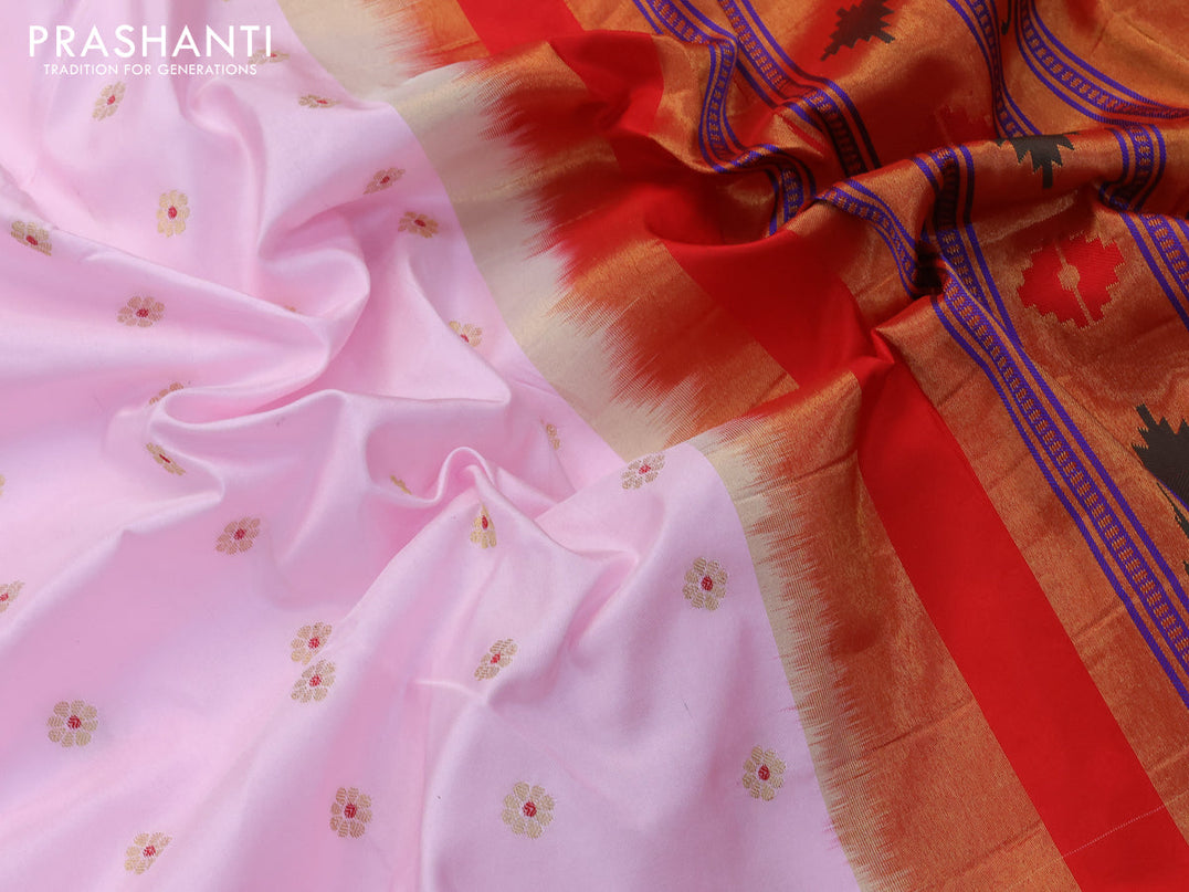 Pure paithani silk saree light pink and red with allover zari woven buttas and zari woven muniya butta border
