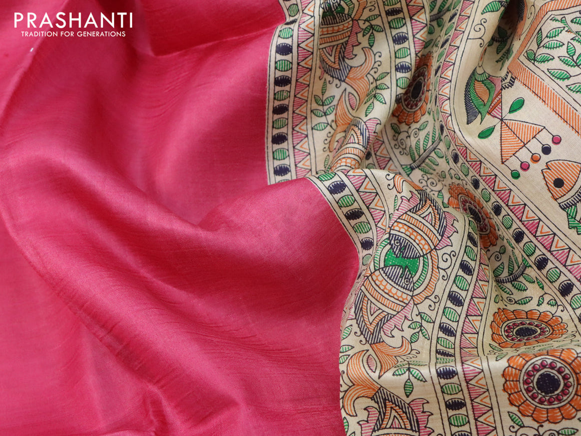 Madhubani printed silk saree light pink and cream with plain body and printed border