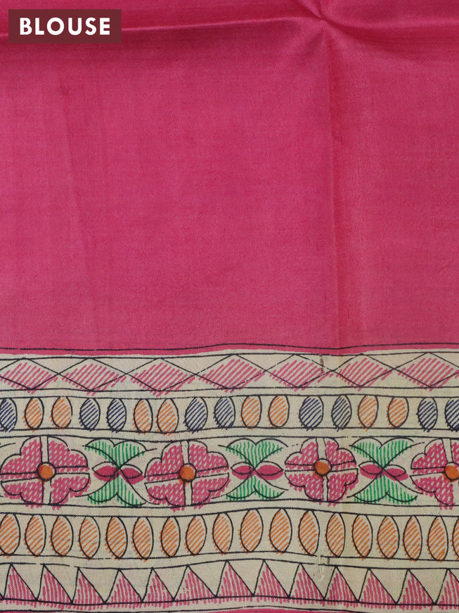 Madhubani printed silk saree light pink and cream with plain body and printed border