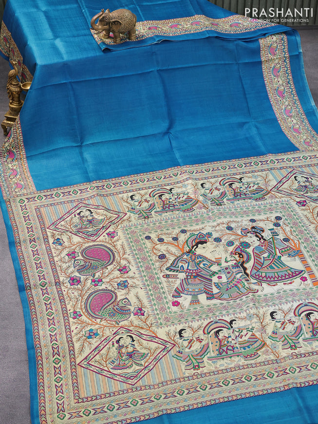 Madhubani printed silk saree cs blue and cream with plain body and printed border