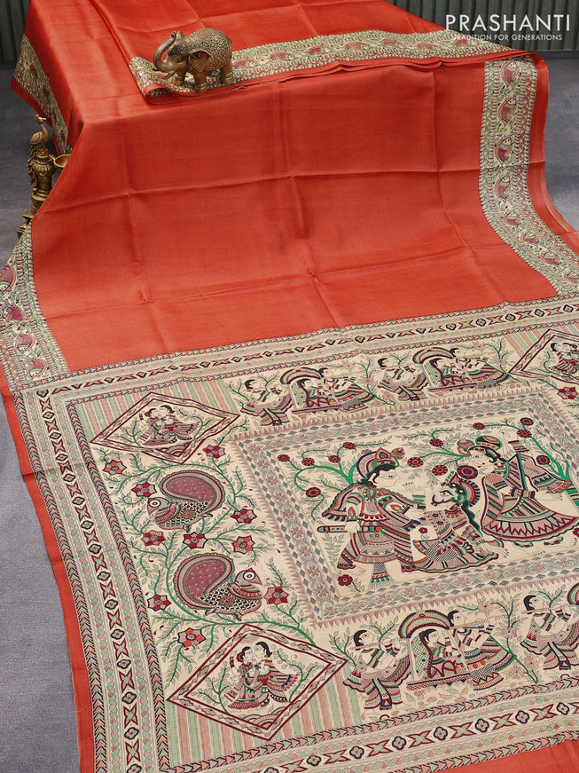 Madhubani printed silk saree orange and cream with plain body and printed border