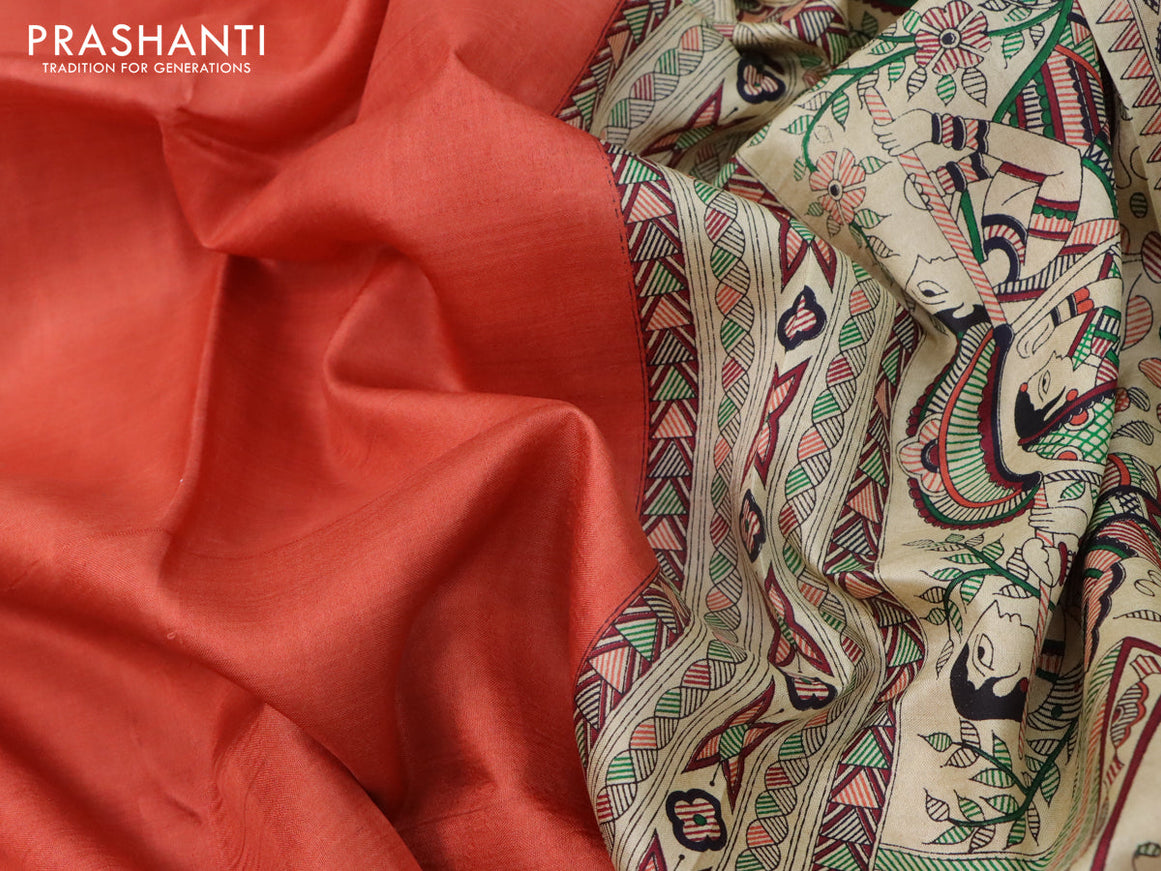 Madhubani printed silk saree orange and cream with plain body and printed border