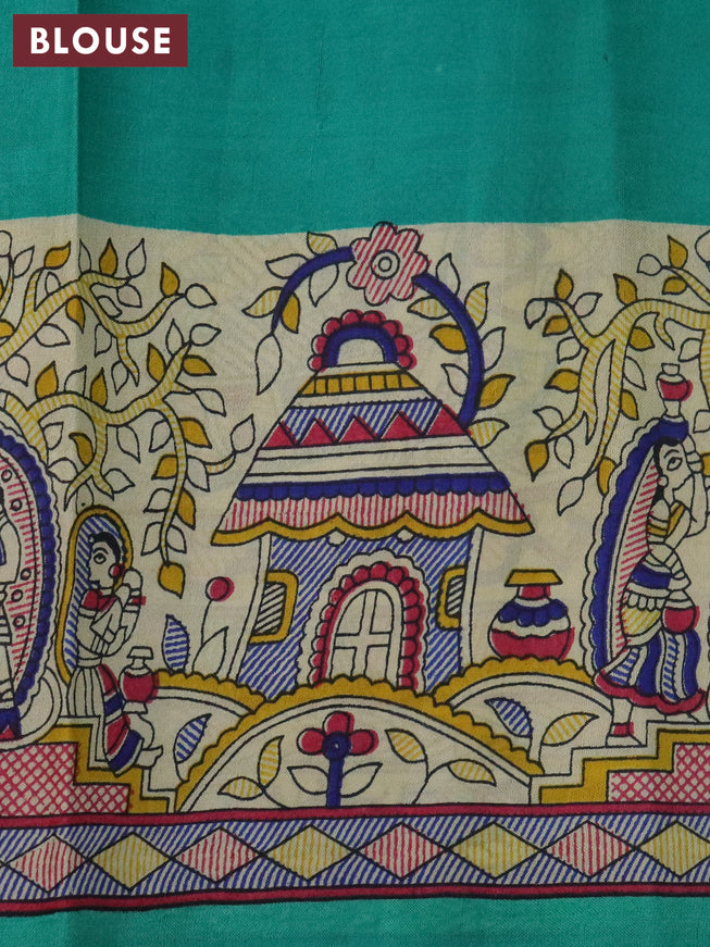 Madhubani printed silk saree teal green and cream with butta prints and printed border
